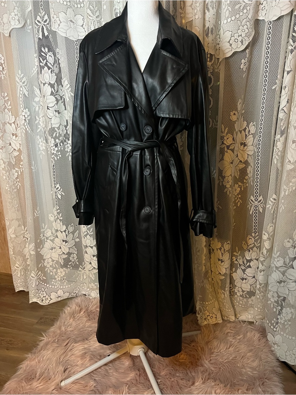 Dynamite Black Faux Leather Trench Coat with Belt XL